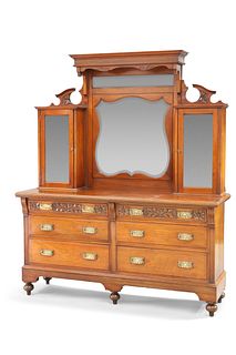 A LARGE VICTORIAN MAHOGANY MIRROR BACK SIDEBOARD, the superstructure with t