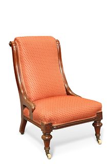 A VICTORIAN MAHOGANY AND UPHOLSTERED PARLOUR CHAIR, with scroll back and cu