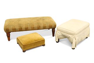 THREE COUNTRY HOUSE STOOLS, comprising: a Victorian long rectangular footst