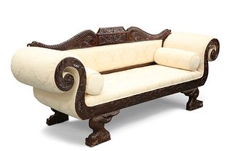 A HANDSOME 19TH CENTURY STYLE MAHOGANY AND UPHOLSTERED SOFA, with dolphin-f