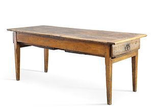 AN ELM PLANK-TOP TABLE, LATE 18TH/EARLY 19TH CENTURY, fitted with a drawer 