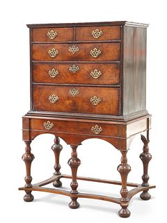 AN 18TH CENTURY WALNUT CHEST ON LATER STAND, the chest with two short over 