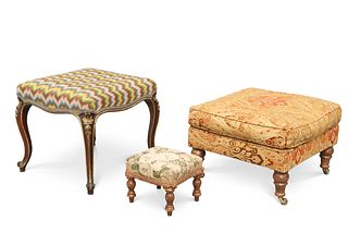 A VICTORIAN PARCEL-GILT CABRIOLE-LEG STOOL, with square upholstered seat; t