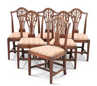 A SET OF SIX GEORGE III MAHOGANY DINING CHAIRS, each with pierced splat and