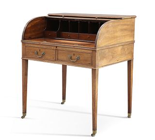 A SHERATON PERIOD MAHOGANY TAMBOUR DESK, the interior with slide-out writin