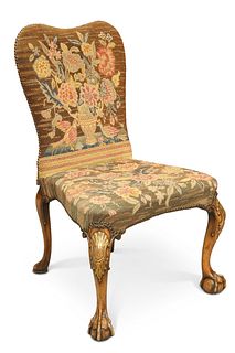 A GEORGE II STYLE WALNUT, PARCEL-GILT AND NEEDLEWORK UPHOLSTERED SIDE CHAIR