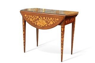 A 19TH CENTURY DUTCH FLORAL MARQUETRY PEMBROKE TABLE, the dropleaf top bold