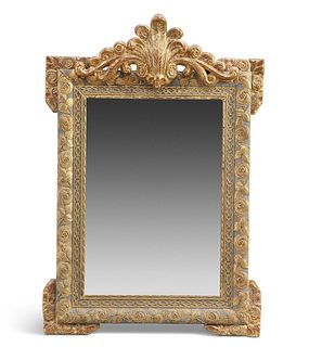 A CONTINENTAL 19TH CENTURY CARVED AND GILDED MIRROR, with feathered crest a