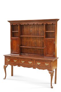 A GEORGE III STYLE YEW WOOD BANDED OAK DRESSER AND RACK, the enclosed rack 