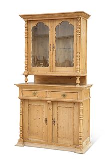 A SWISS PINE DRESSER, 19TH CENTURY, the upper section with a pair of glazed