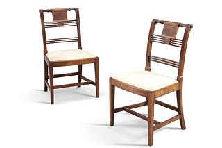 A PAIR OF REGENCY INLAID MAHOGANY SIDE CHAIRS, each with slightly bowed sea