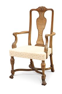 AN 18TH CENTURY STYLE WALNUT OPEN ARMCHAIR, 19TH CENTURY, with reeded scrol