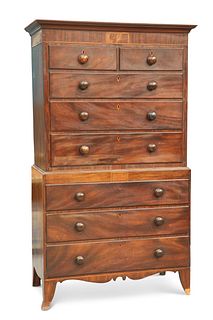 AN EARLY 19TH CENTURY MAHOGANY CHEST ON CHEST, the upper section with two s