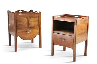 TWO GEORGE III MAHOGANY TRAY-TOP NIGHTSTANDS, the first with a pair of shap