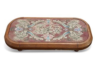 A VICTORIAN MAHOGANY AND BEADWORK FOOTSTOOL, rectangular with rounded corne