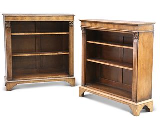 TWO SIMILAR WALNUT OPEN BOOKCASES, in Georgian style, each with two adjusta