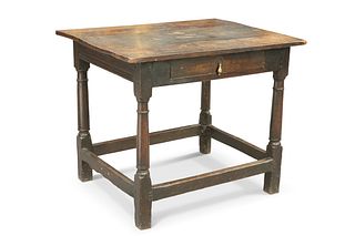 AN 18TH CENTURY OAK SIDE TABLE, the rectangular top above a frieze drawer w