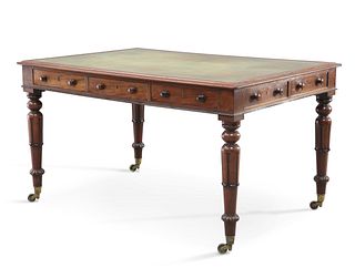 AN EARLY VICTORIAN LEATHER-INSET MAHOGANY LIBRARY TABLE, the moulded rectan