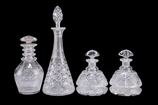 A SMALL STUART CRYSTAL CUT GLASS DECANTER, of tapering form with a faceted 