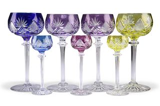 FOUR VAL ST LAMBERT BERNCASTLE CUT FLASHED HOCK GLASSES, in amethyst (x2), 