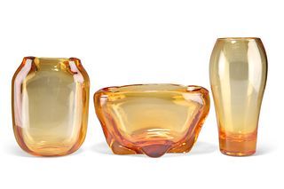 THREE PIECES OF WHITEFRIARS GOLDEN AMBER GLASS, comprising: A JAMES HOGAN L