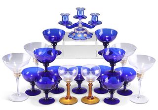 A COLLECTION OF GLASS, including Murano three-light candle holder, Bristol 