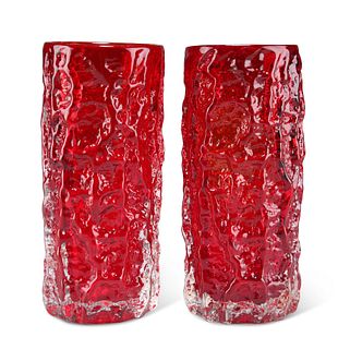 A PAIR OF WHITEFRIARS RUBY GLASS BARK VASES, designed by Geoffrey Baxter, p