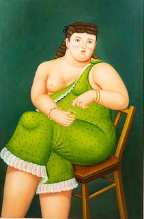 Botero-Style Seated Woman, Oil on Canvas