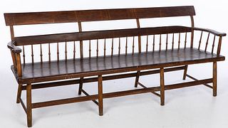 American Stained Pine Plank Seat Settee, 19th C
