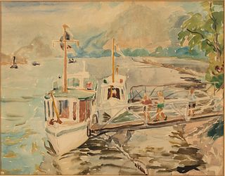 Unsigned, Boats at Dock, Watercolor