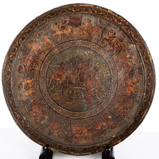 Persian Painted Brass Tray, 19th Century 