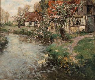 Frederic Ede, Ducks on a River with Cottage, O/C