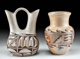 20th C. Polacca Hopi Pottery Olla & Signed Wedding Vase