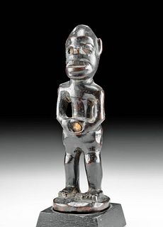 Early 20th C. Kongo Wood Figure w/ Glass Eyes & Navel