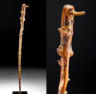 19th C. American Folk Art Wood Walking Stick with Faces