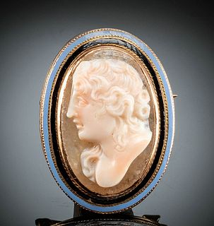 19th C. Neoclassical Agate Cameo w/ Gold & Enamel