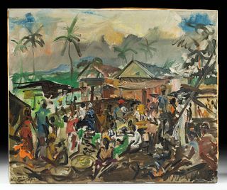 Signed William Draper Painting - Haitian Market, 1967