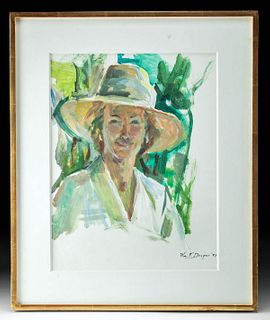 Signed Draper Portrait - Lady in White Hat, 1987