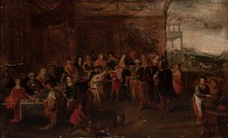 FRANS FRANCKEN II (Antwerp, Belgium, 1581 - 1642). 
"The Wedding at Cana". 
Oil on oak panel. Cradled