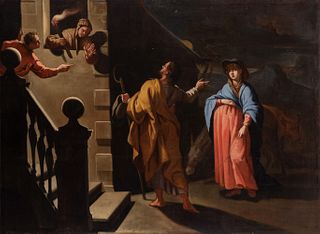 Spanish or Italian school; ca. 1700 
"The Arrival of the Virgin and St. Joseph in Bethlehem". 
Oil on canvas. Relined.