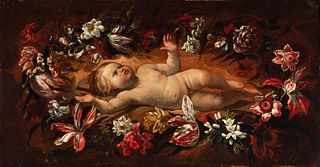 Italian school of the second third of the seventeenth century. 
"Orla de flores con Niño Jesús y los atributos de la Pasión" (Flower border with Baby 