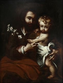 Attributed to BERNARDO LORENTE GERMÁN (Seville, 1685 - 1757). 
"St. Joseph with Child. 
Oil on canvas.