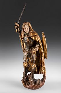South German school, late 15th-early 16th century. 
"St. Michael the Archangel". 
Wood carving stewed and polychromed by hand in various colors and fi