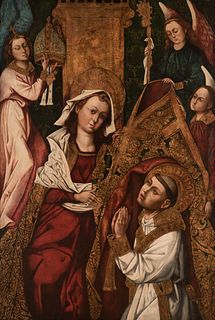 Castilian school; first quarter of the sixteenth century. 
"Virgin imposing the chasuble to San Ildefonso". 
Oil on panel. Cradled.
