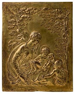 Italian school; XVII century. 
"Madonna and Child with St. John Child", 
Gilded bronze.