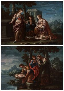 Italian school; XVIII century. 
"Moses deposited in the Nile", Moses saved from the waters". 
Pair of oils on canvas. Relined.