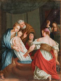 Spanish school; late 18th century. 
"Birth of Saint John", 
Gouache on paper adhered to canvas. 
It presents frame of period redorado and later copete