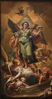 Spanish school; late 18th - early 19th century. 
"Saint Michael the Archangel". 
Oil on canvas. 
It presents a slight tear located in the left margin.