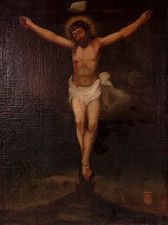 Andalusian school of the mid-18th century. 
"Christ crucified". 
Oil on canvas. 
Measurements: 81 x 61 cm, 106 x 86 cm. (frame)