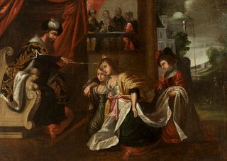 Andalusian school; 17th century. 
"Esther before Ahasuerus". 
Oil on canvas. Re-framed. 
Presents old adapted frame. 
Measurements: 54 x 74 cm; 64,5 x